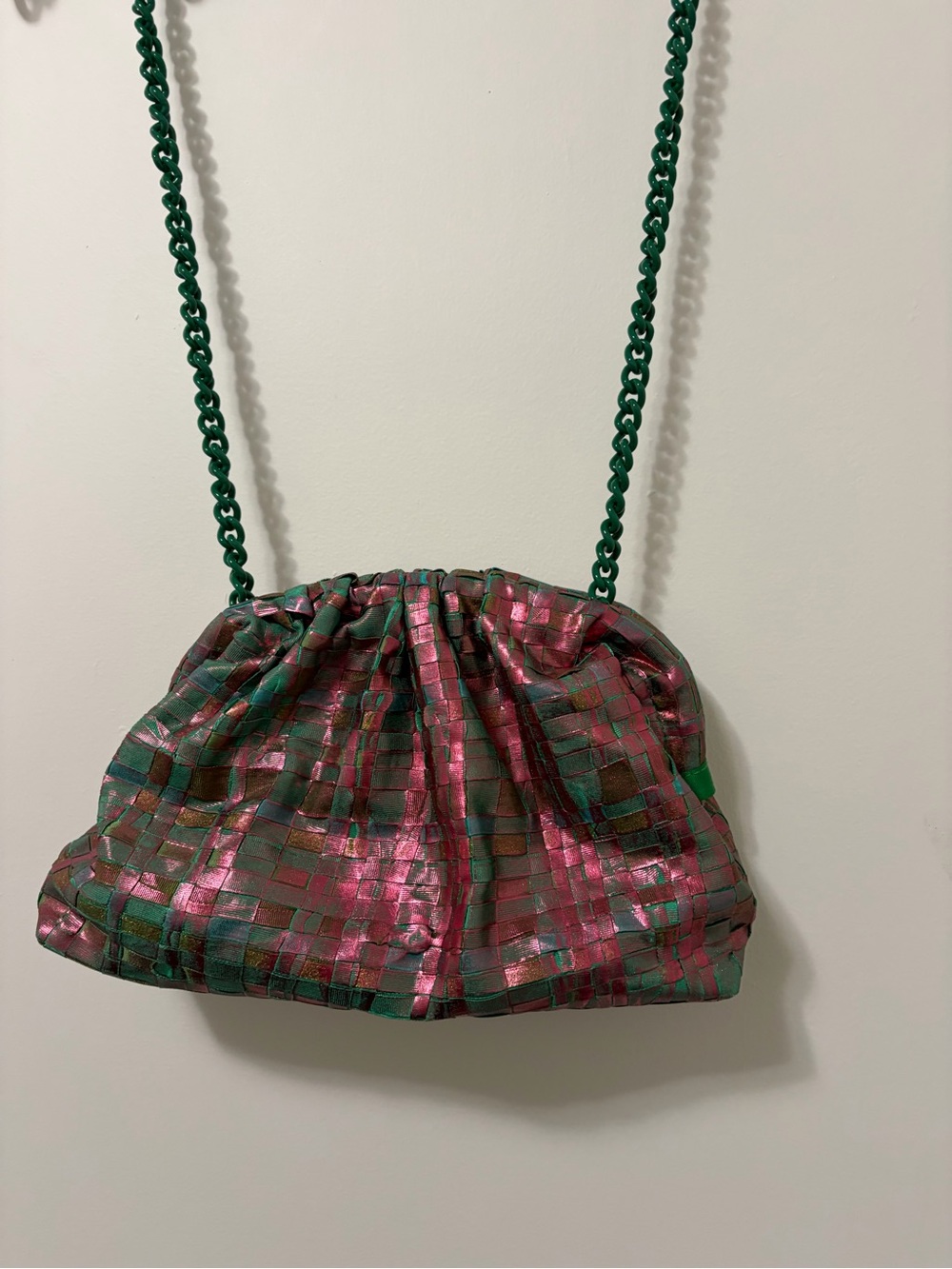 Gorgeous Glitz Maria La Rosa Shimmering Pink Green Woven Evening Bag Green Chain